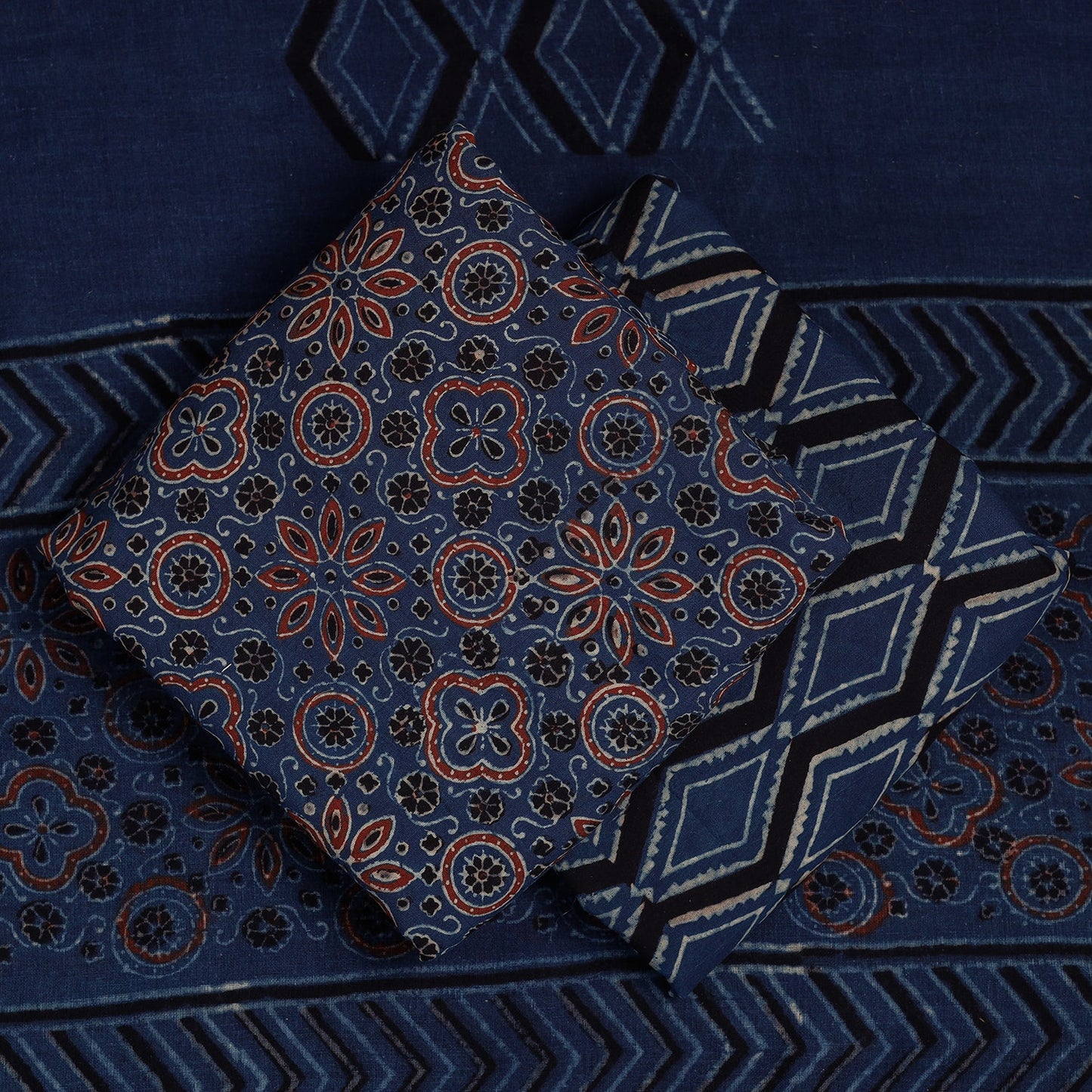  3pc Natural Dyed Ajrakh Block Printed Suit Material Set 