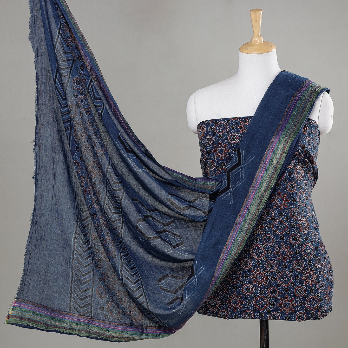  3pc Natural Dyed Ajrakh Block Printed Suit Material Set 