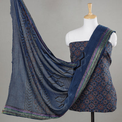  3pc Natural Dyed Ajrakh Block Printed Suit Material Set 