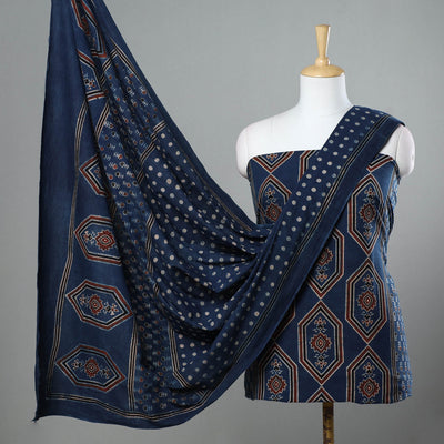 Buy 3pc Ajrakh Hand Block Printed Cotton Suit Material Set Online at iTokri.com