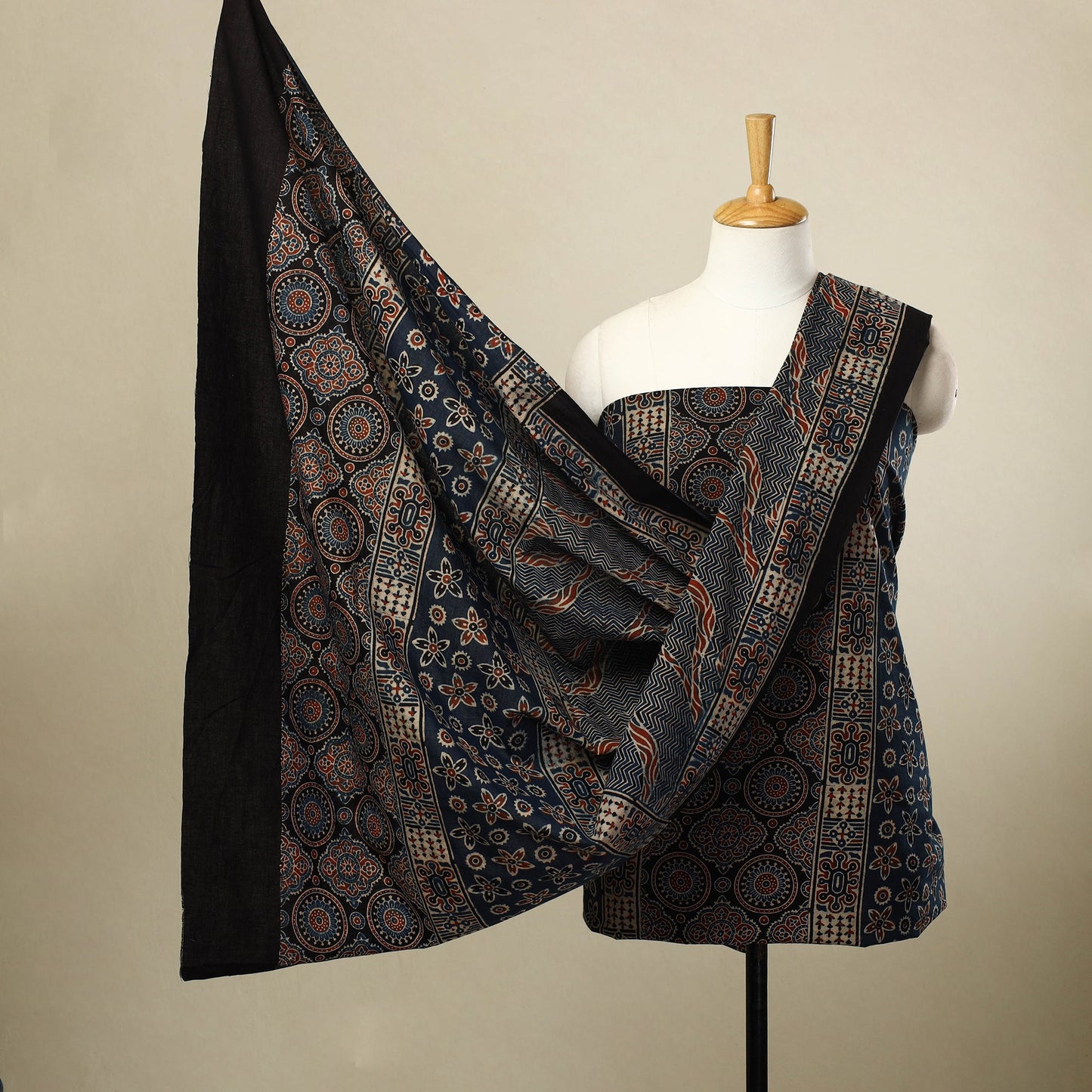  3pc  Blue Block Print Natural Dyed Ajrakh Dress Material