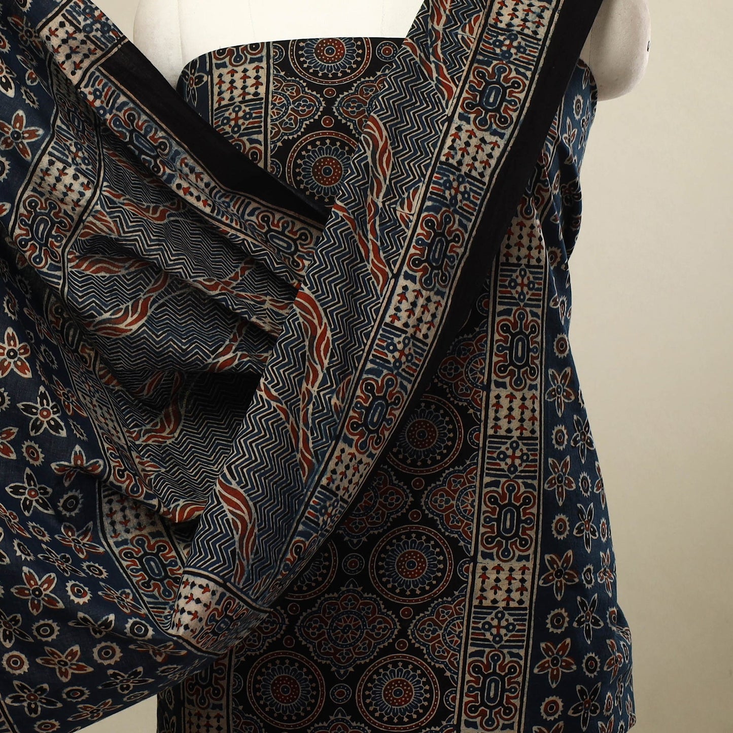 3pc  Blue Block Print Natural Dyed Ajrakh Dress Material
