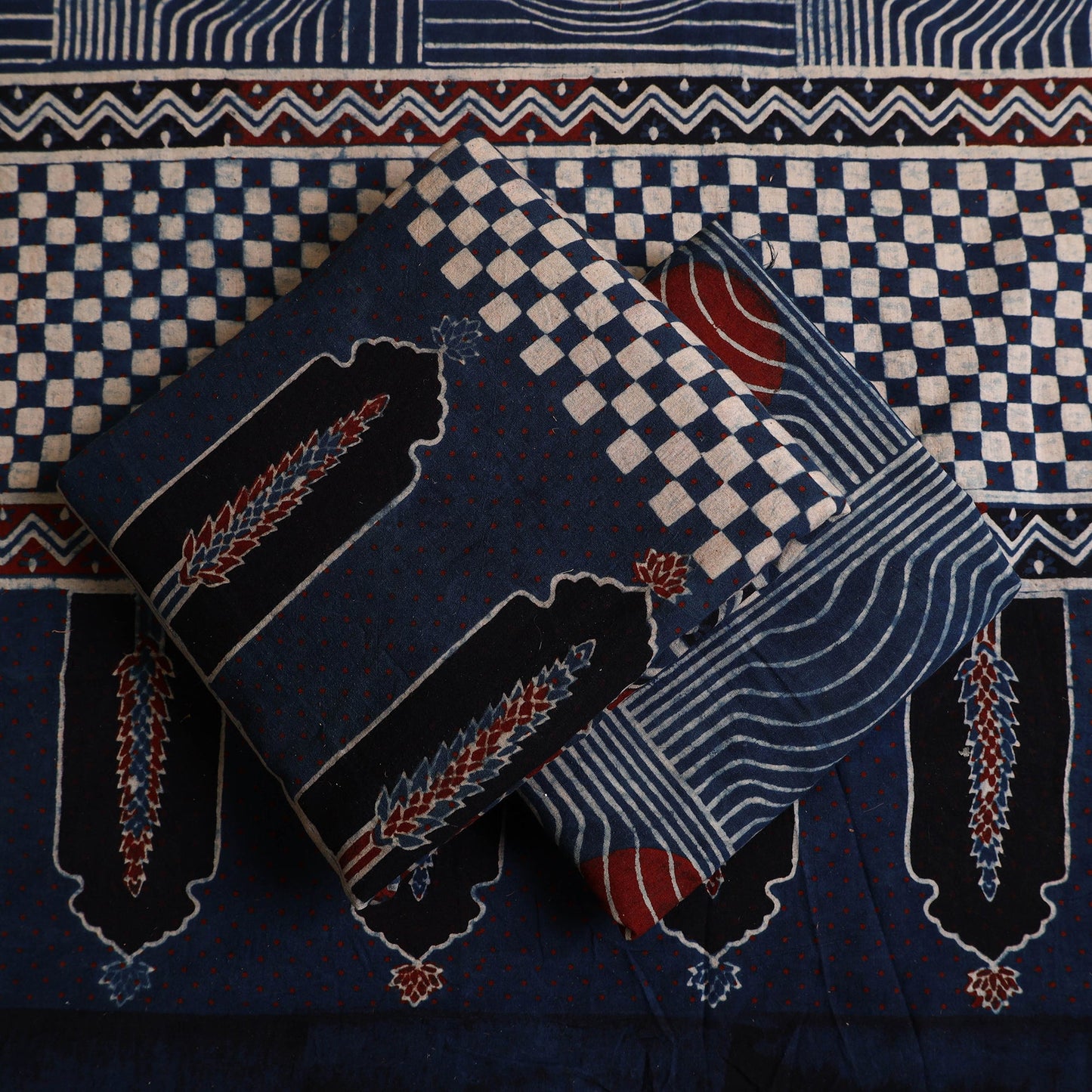 Buy 3pc Blue Block Print Cotton Ajrakh Dress Material