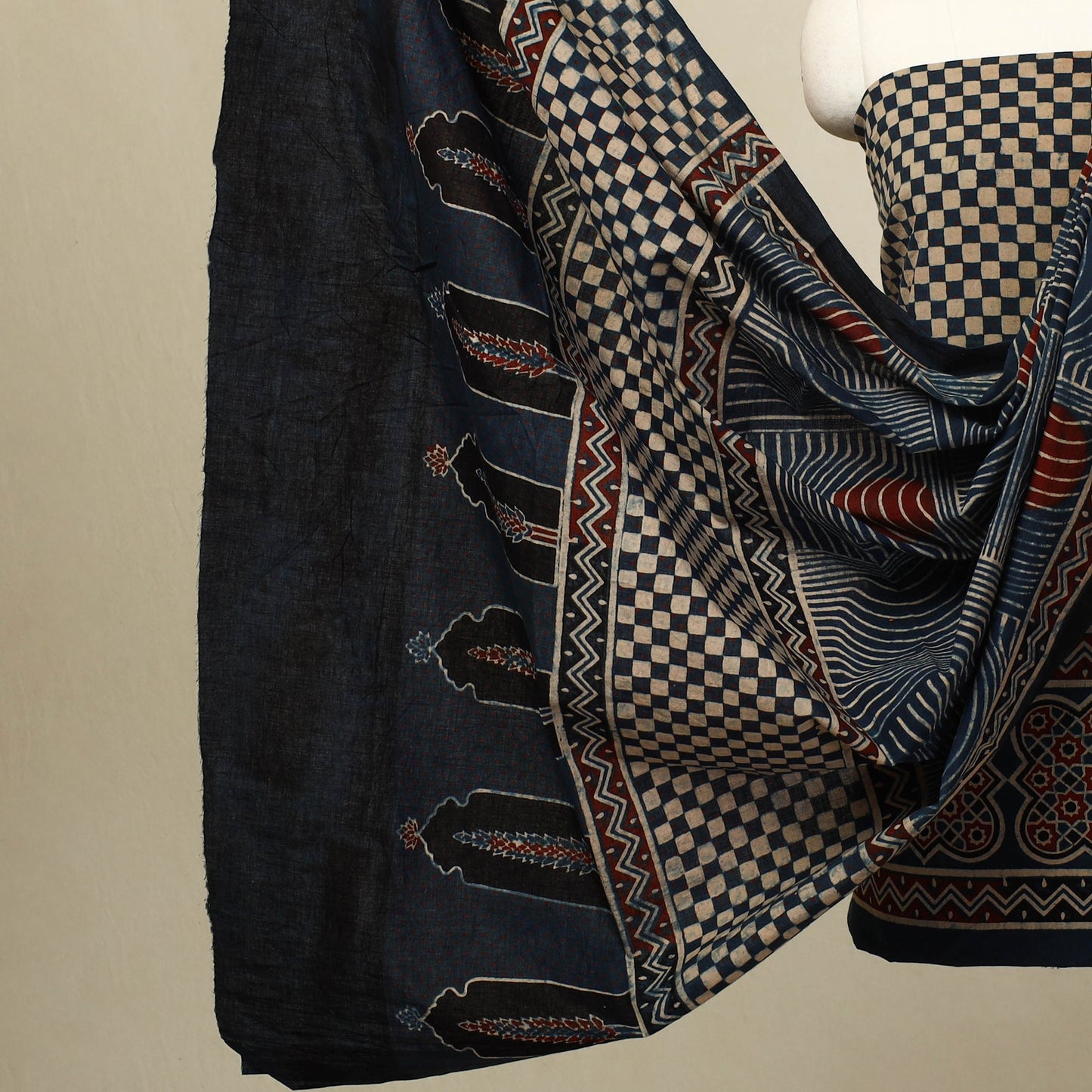 Buy 3pc Blue Block Print Cotton Ajrakh Dress Material