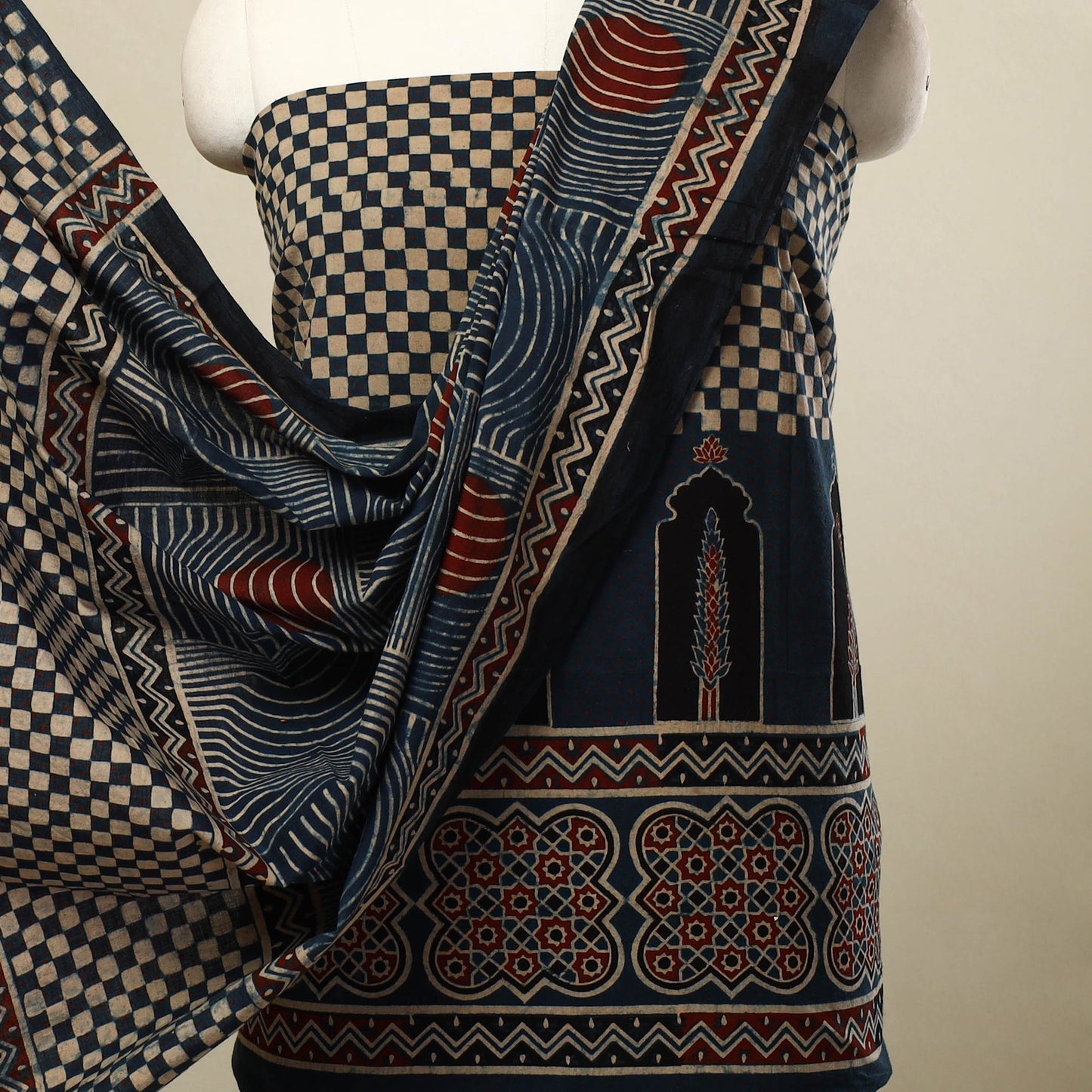 Buy 3pc Blue Block Print Cotton Ajrakh Dress Material