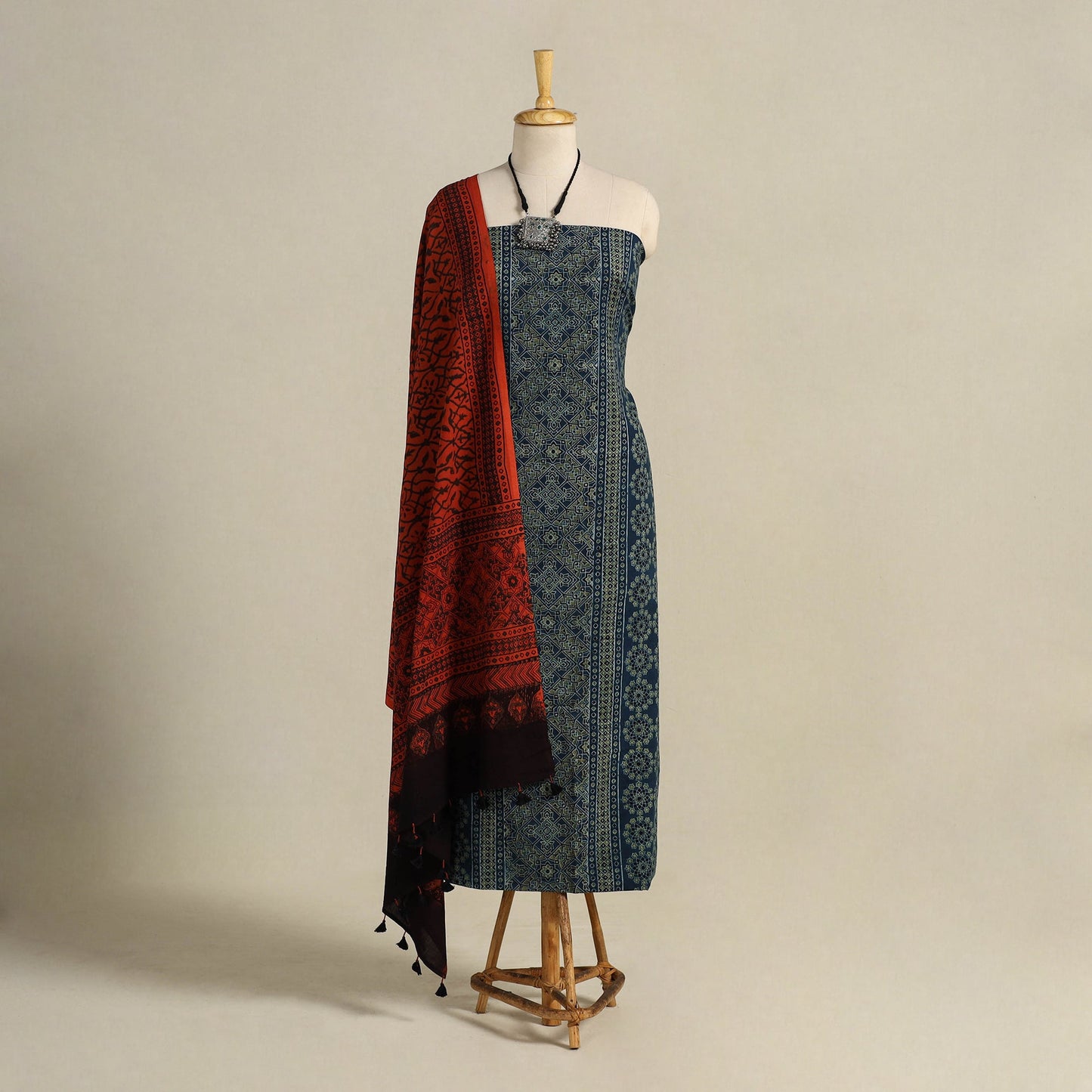 Blue 3pc Block Print Natural Dyed Ajrakh Dress Material