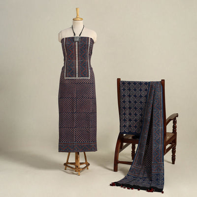 Blue 3pc Block Print Natural Dyed Ajrakh Dress Material