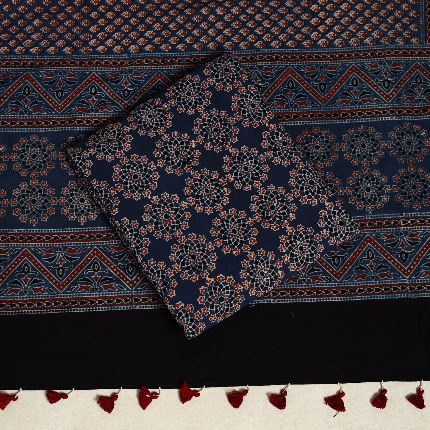 Blue 3pc Block Print Natural Dyed Ajrakh Dress Material