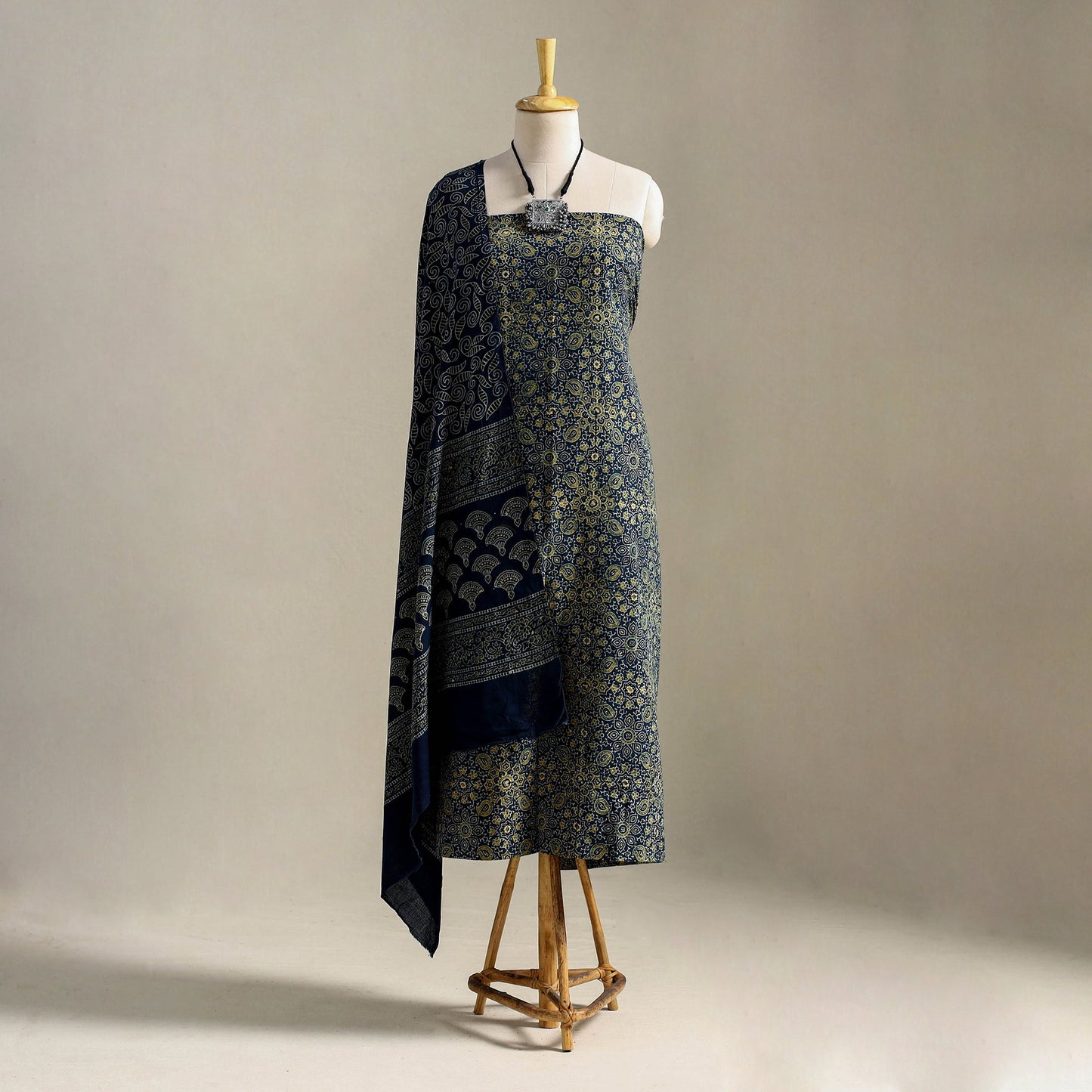 Blue 3pc Block Print Natural Dyed Ajrakh Dress Material