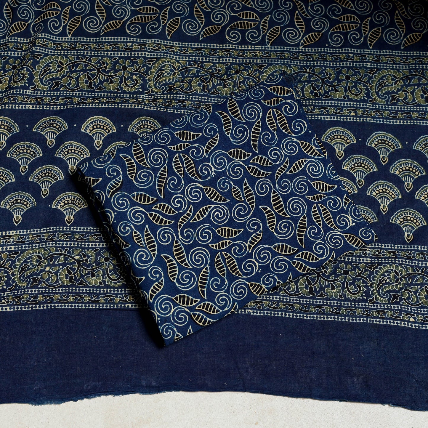 Blue 3pc Block Print Natural Dyed Ajrakh Dress Material