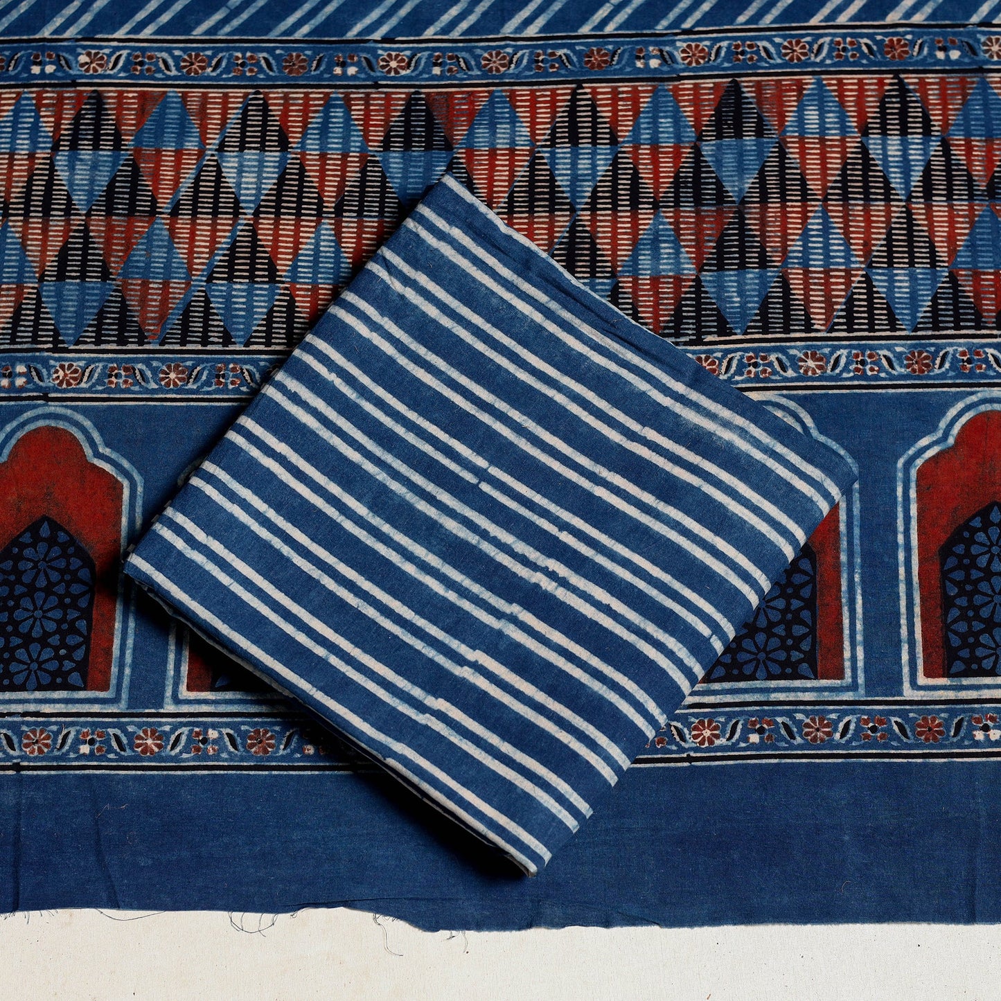 Blue 3pc Block Print Natural Dyed Ajrakh Dress Material