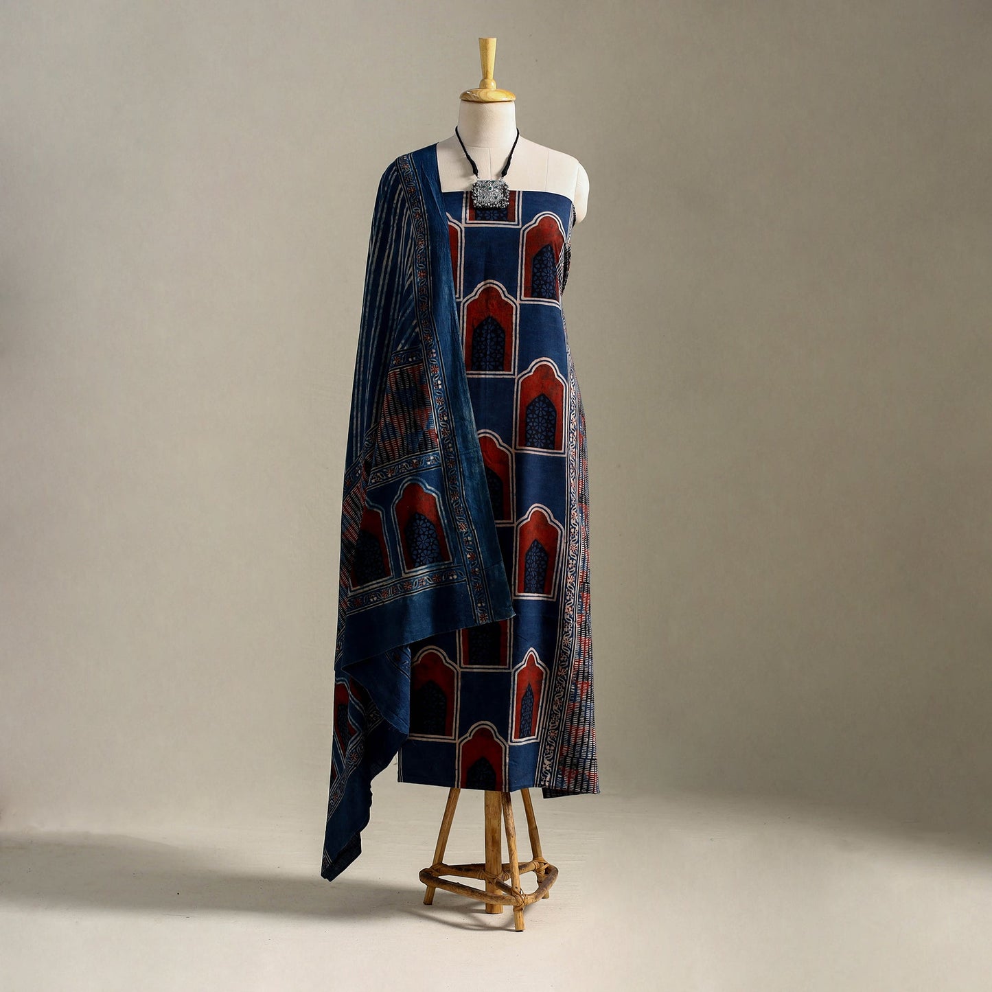 Blue 3pc Block Print Natural Dyed Ajrakh Dress Material