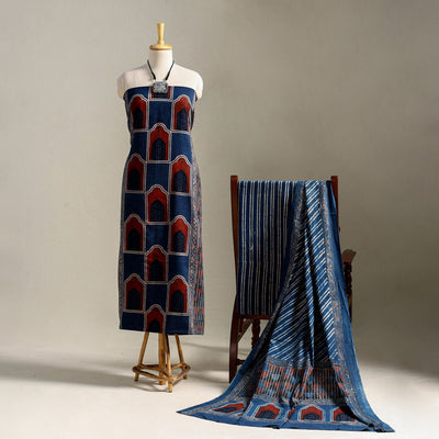 Blue 3pc Block Print Natural Dyed Ajrakh Dress Material