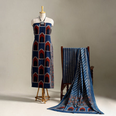 Blue 3pc Block Print Natural Dyed Ajrakh Dress Material