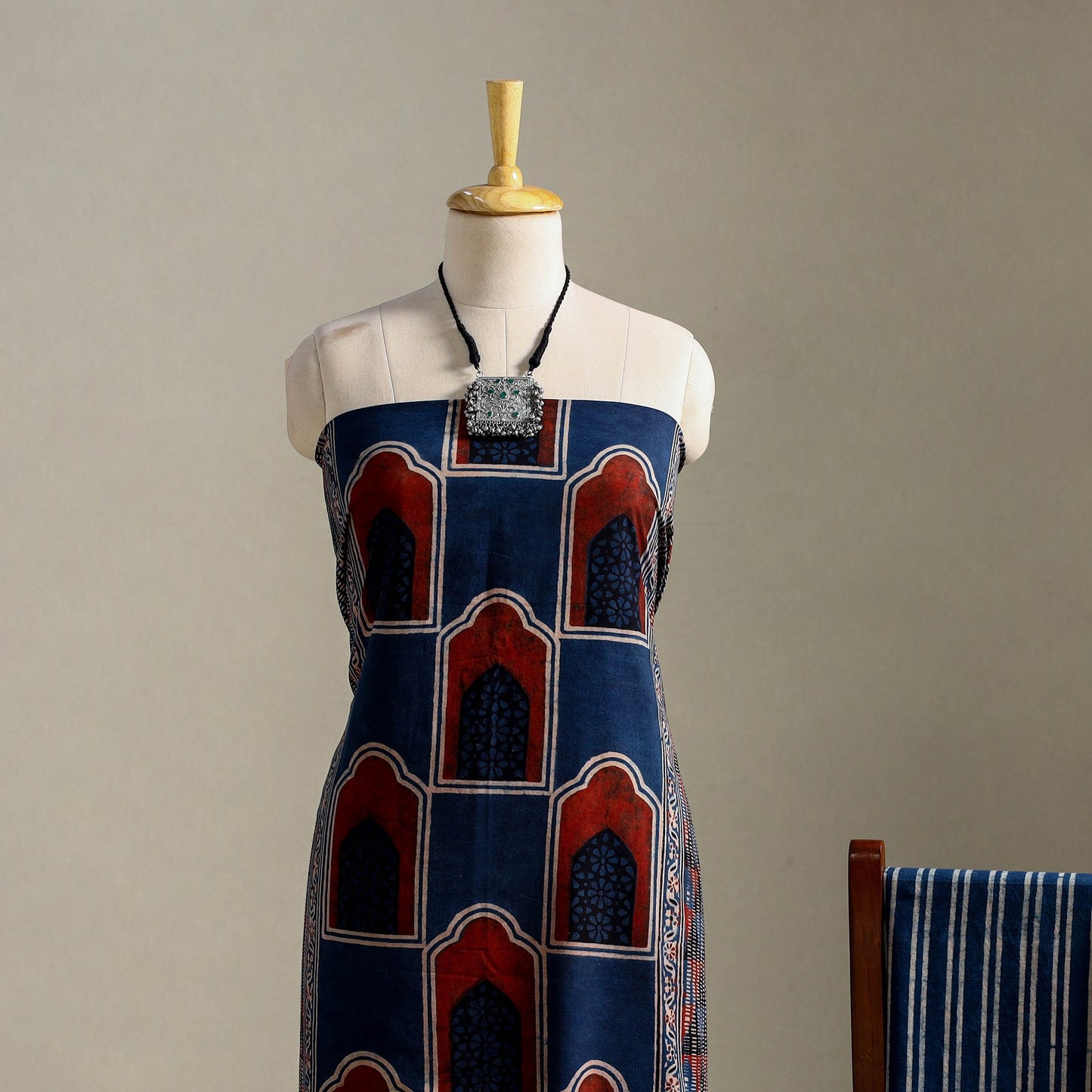 Blue 3pc Block Print Natural Dyed Ajrakh Dress Material