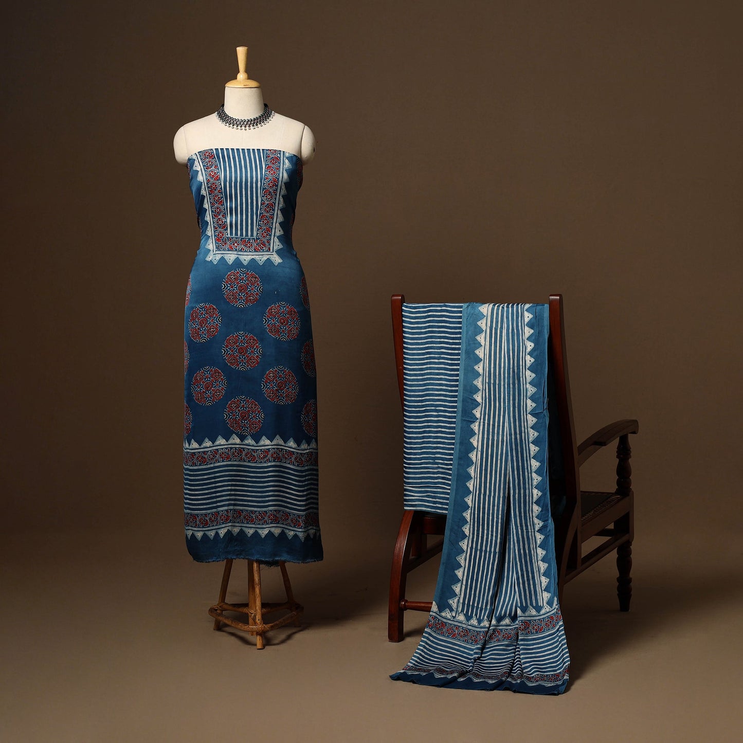 Blue - 3pc natural dyed unstitched modal silk dress