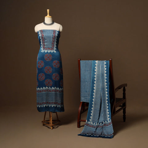 Blue - 3pc natural dyed unstitched modal silk dress