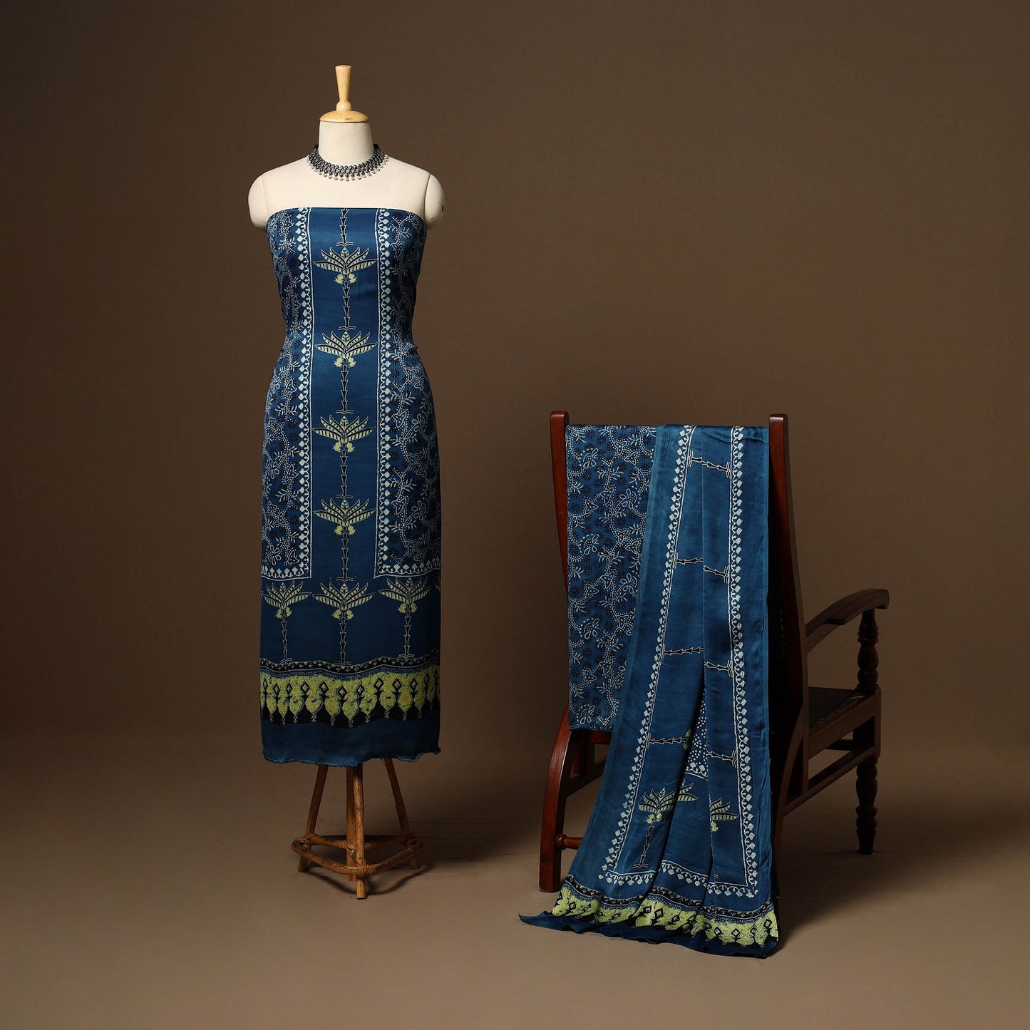 Blue - 3pc natural dyed unstitched modal silk dress