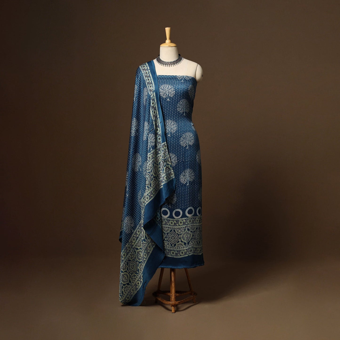 Blue - 3pc natural dyed unstitched modal silk dress