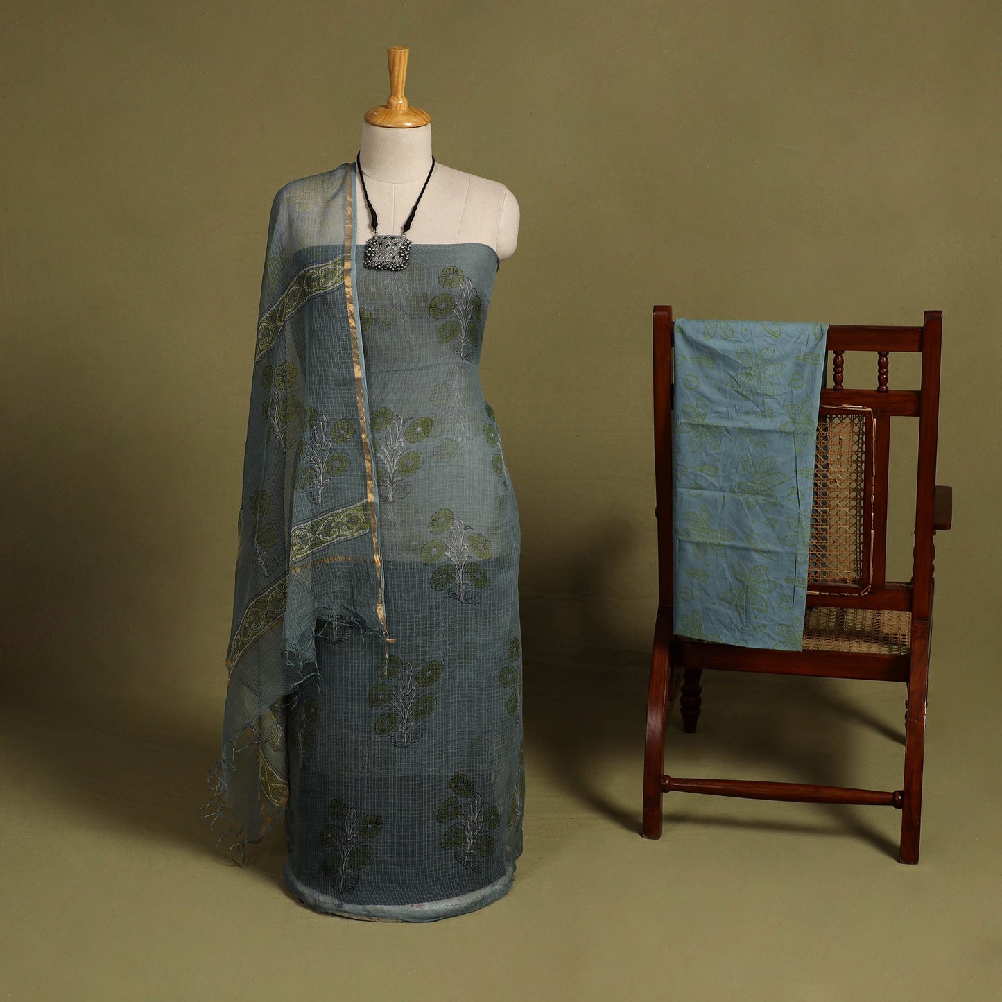 Blue 3pc Sanganeri Block Print Kota Cotton Dress Material