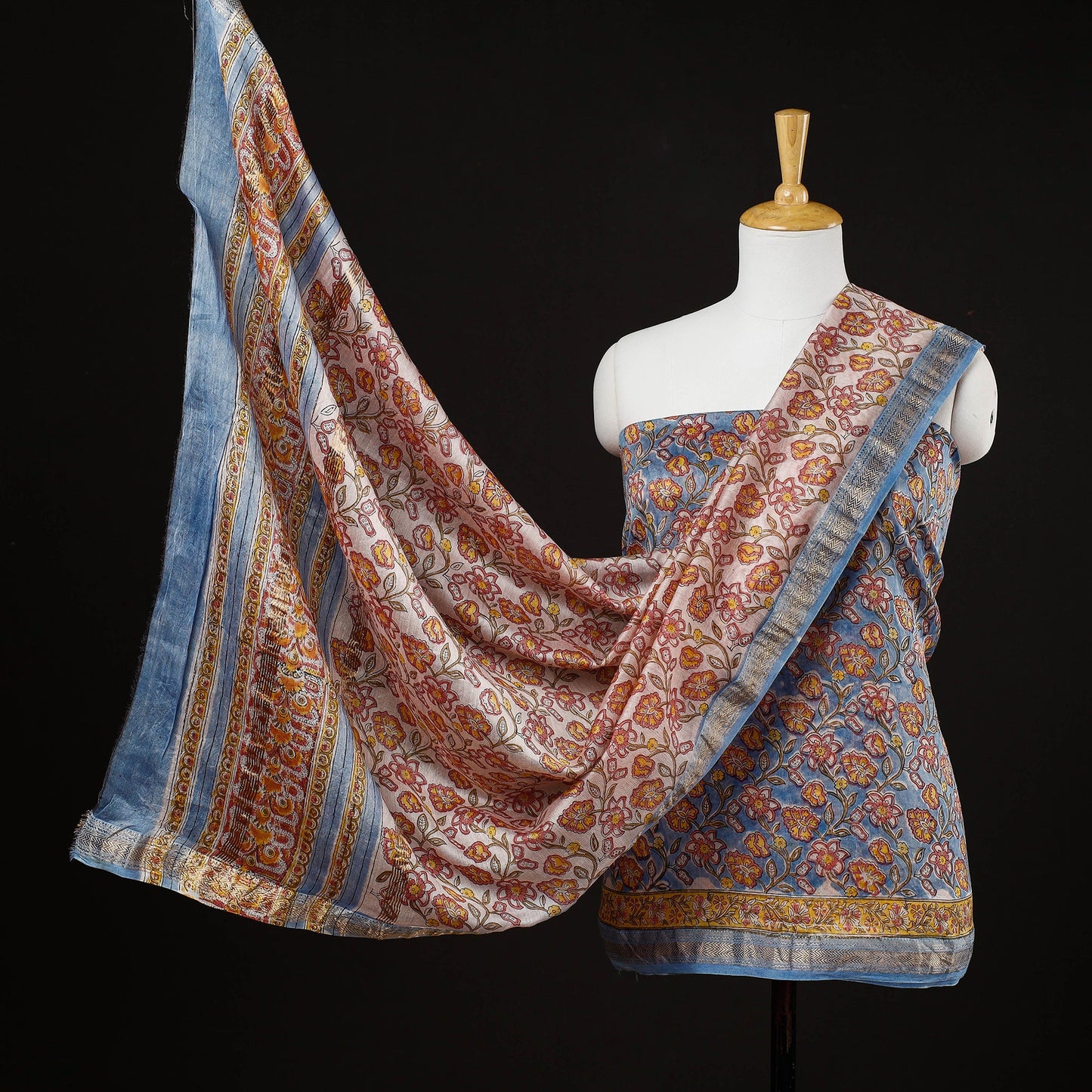 Buy 3pc Sanganeri Block Printed Maheshwari Silk Suit Material Set Online at iTokri.com