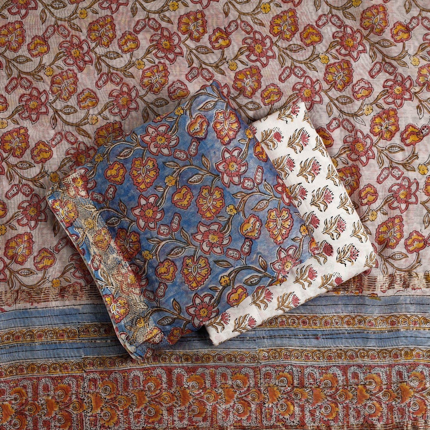 Buy 3pc Sanganeri Block Printed Maheshwari Silk Suit Material Set Online at iTokri.com