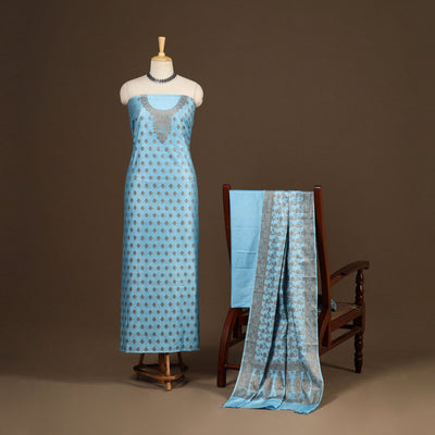 Blue - 3pc silk cotton thread work unstitched banarasi