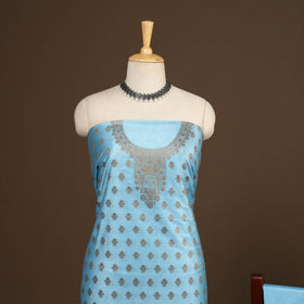 Blue - 3pc silk cotton thread work unstitched banarasi