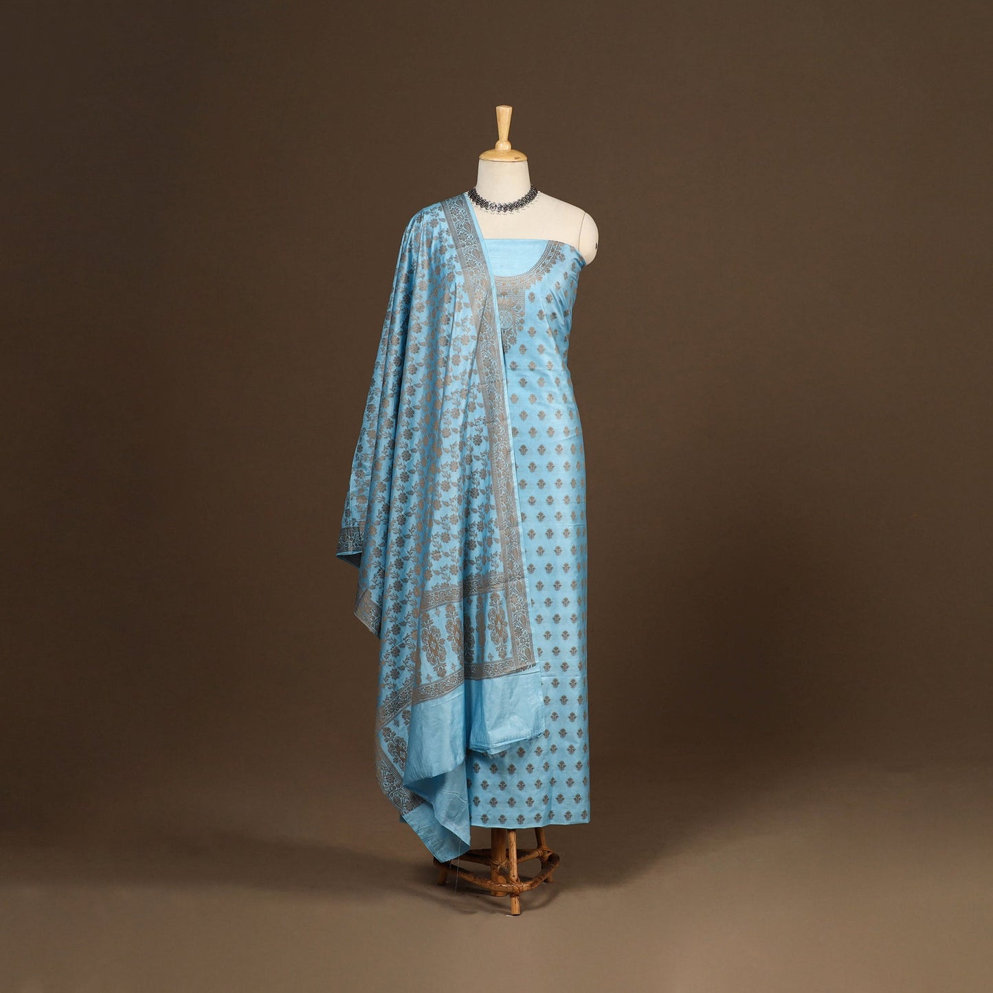 Blue - 3pc silk cotton thread work unstitched banarasi