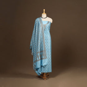 Blue - 3pc silk cotton thread work unstitched banarasi