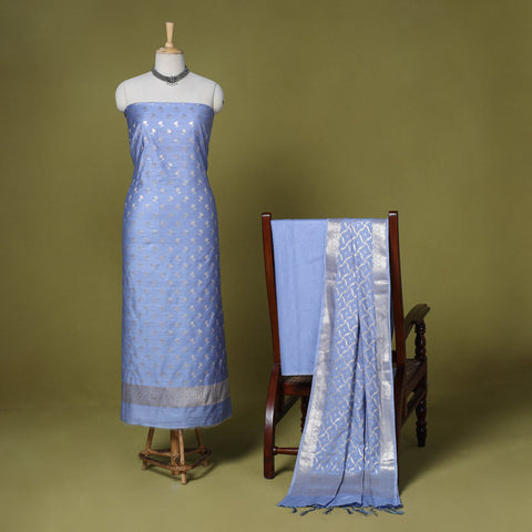 Blue - 3pc tanchoi silk cotton unstitched banarasi dress