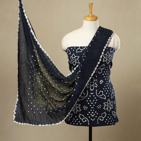 Buy 3pc Blue Tie & Dye Satin Cotton Bandhani Dress Material