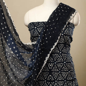 Blue 3pc Tie & Dye Satin Cotton Bandhani Dress Material