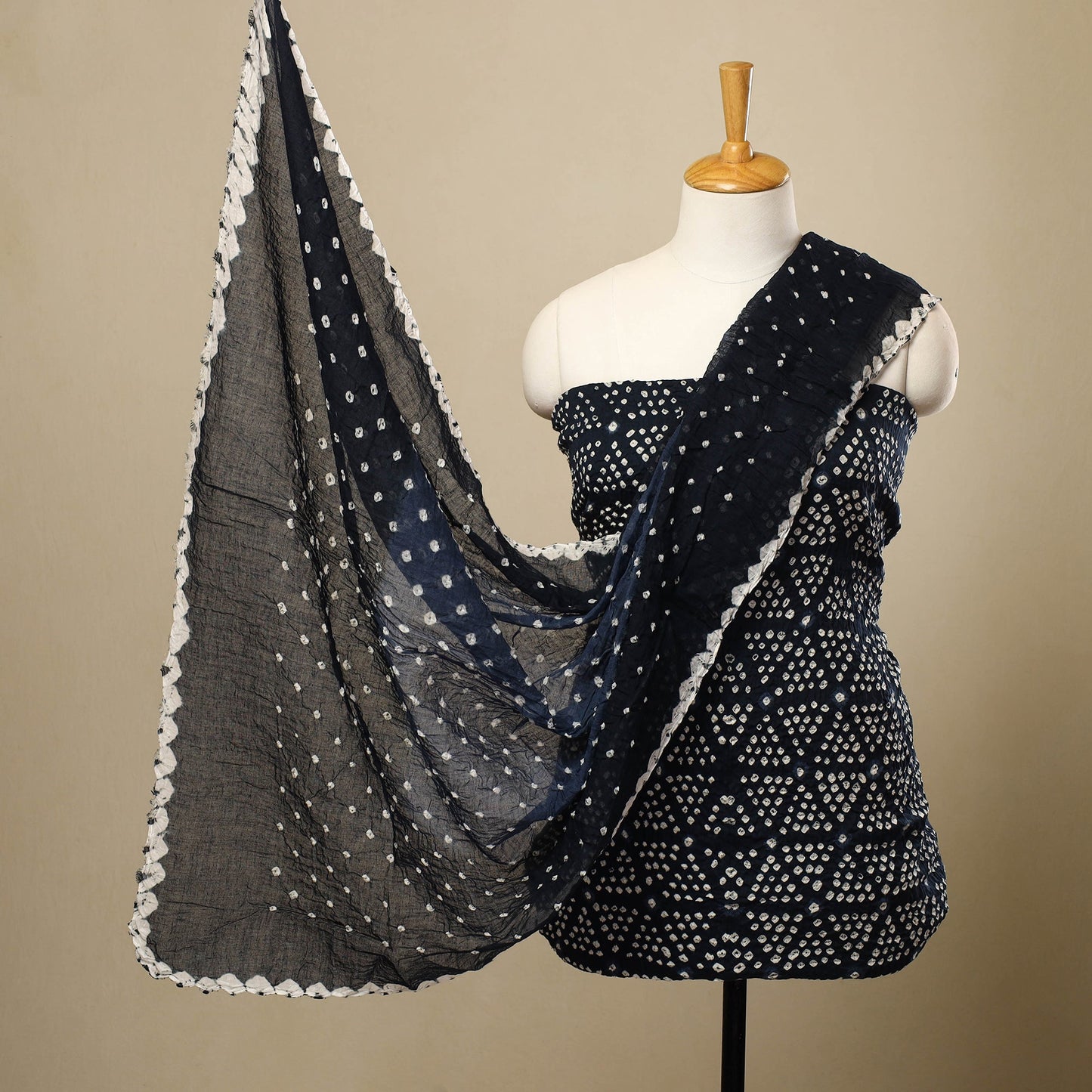 Blue 3pc Tie & Dye Satin Cotton Bandhani Dress Material