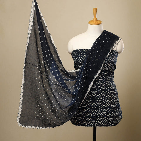 Blue 3pc Tie & Dye Satin Cotton Bandhani Dress Material