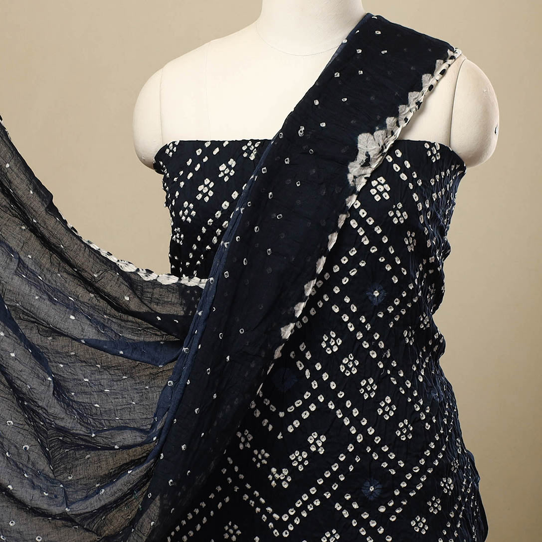 Blue 3pc Tie & Dye Satin Cotton Bandhani Dress Material