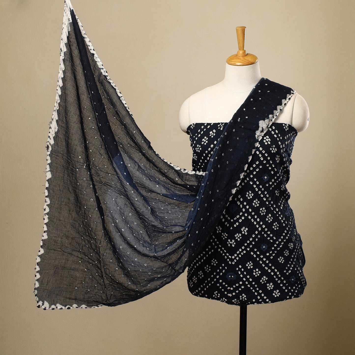 Blue 3pc Tie & Dye Satin Cotton Bandhani Dress Material