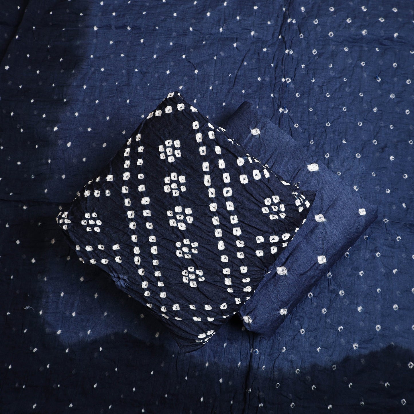 Blue 3pc Tie & Dye Satin Cotton Bandhani Dress Material