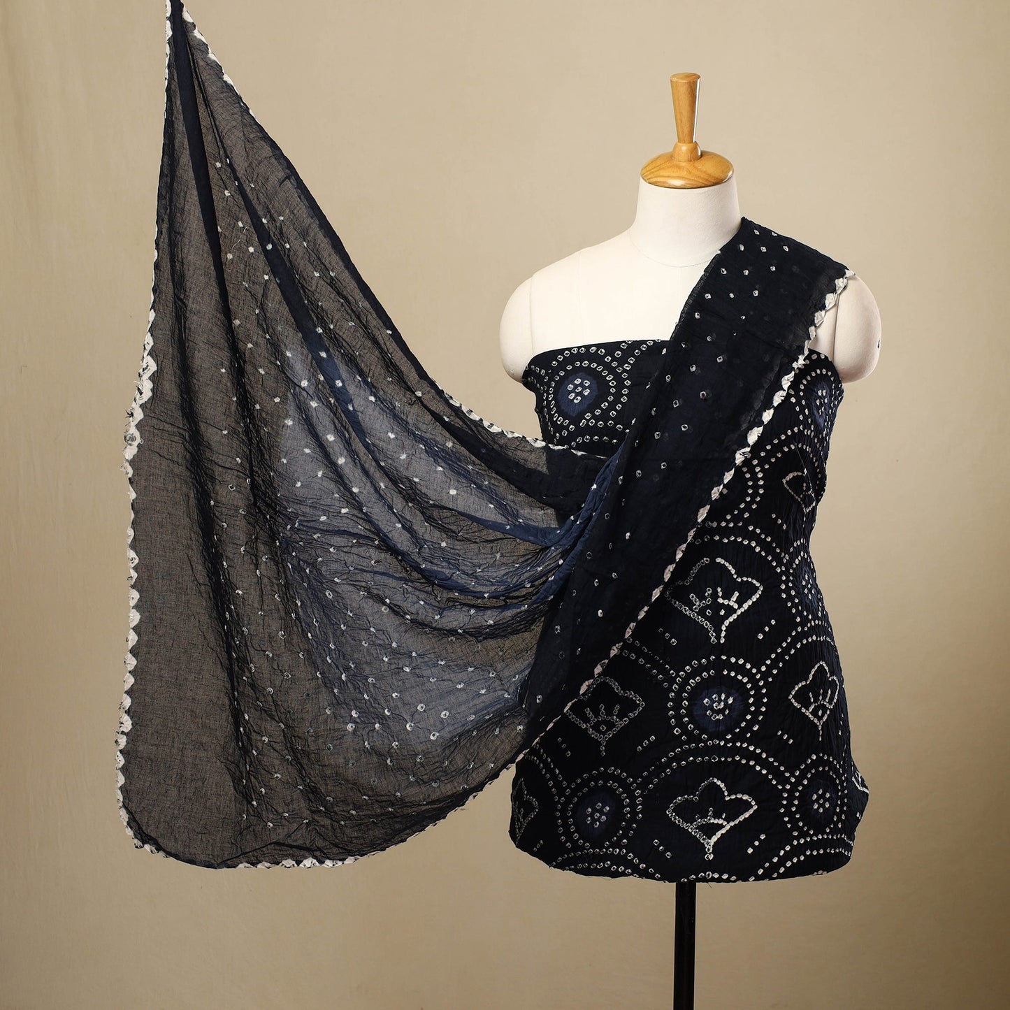 Blue 3pc Tie & Dye Satin Cotton Bandhani Dress Material