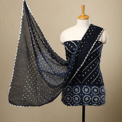 Blue 3pc Tie & Dye Satin Cotton Bandhani Dress Material