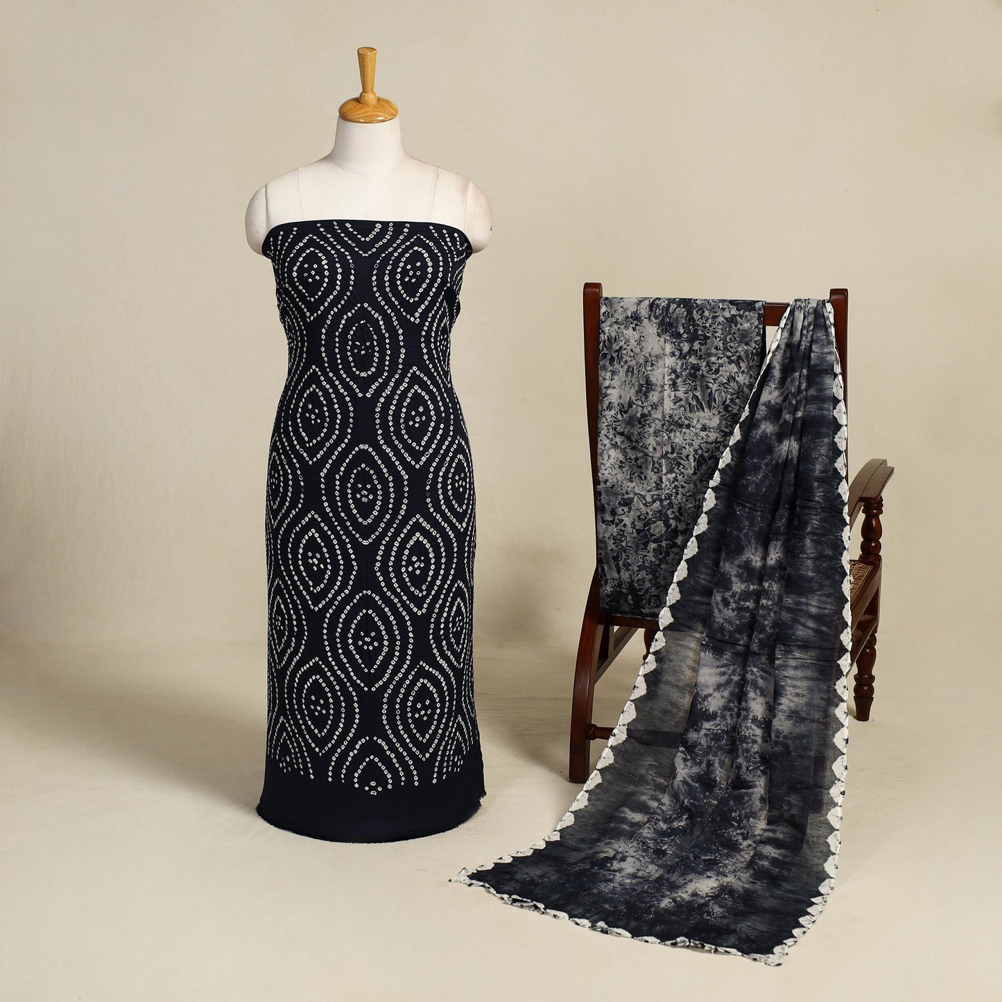 Blue - 3pc tie & dye satin cotton shibori bandhani