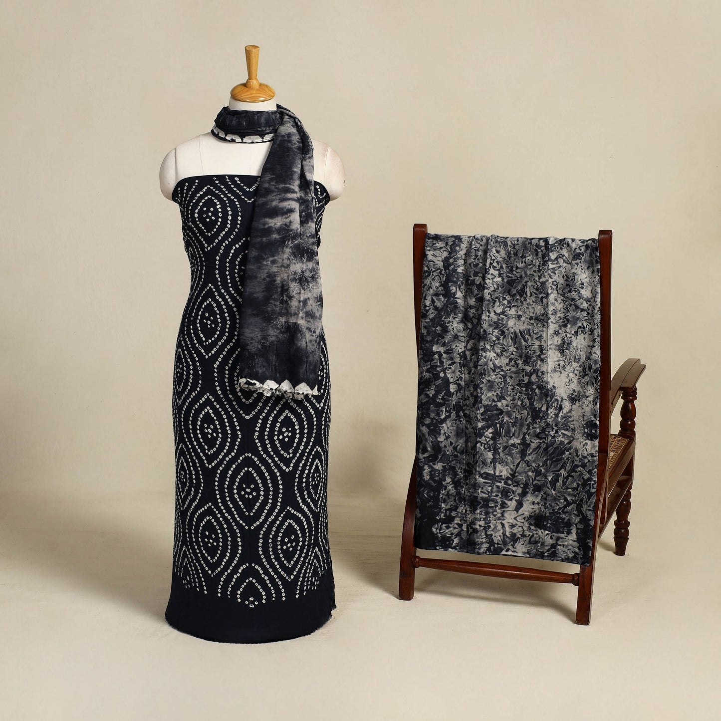 Blue - 3pc tie & dye satin cotton shibori bandhani