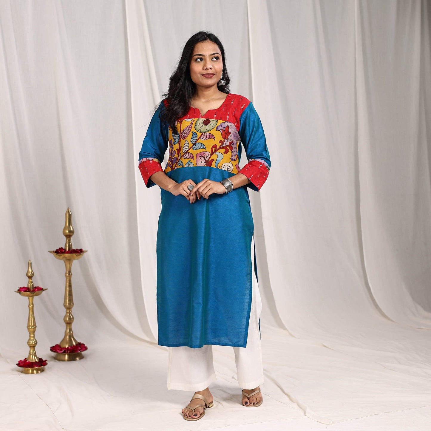 Blue Aaliya Slub Silk Straight Plain Kurta with Patchwork for Women