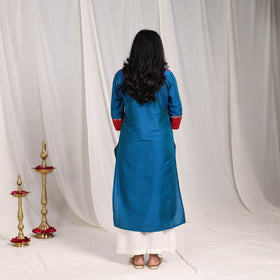 Blue Aaliya Slub Silk Straight Plain Kurta with Patchwork for Women