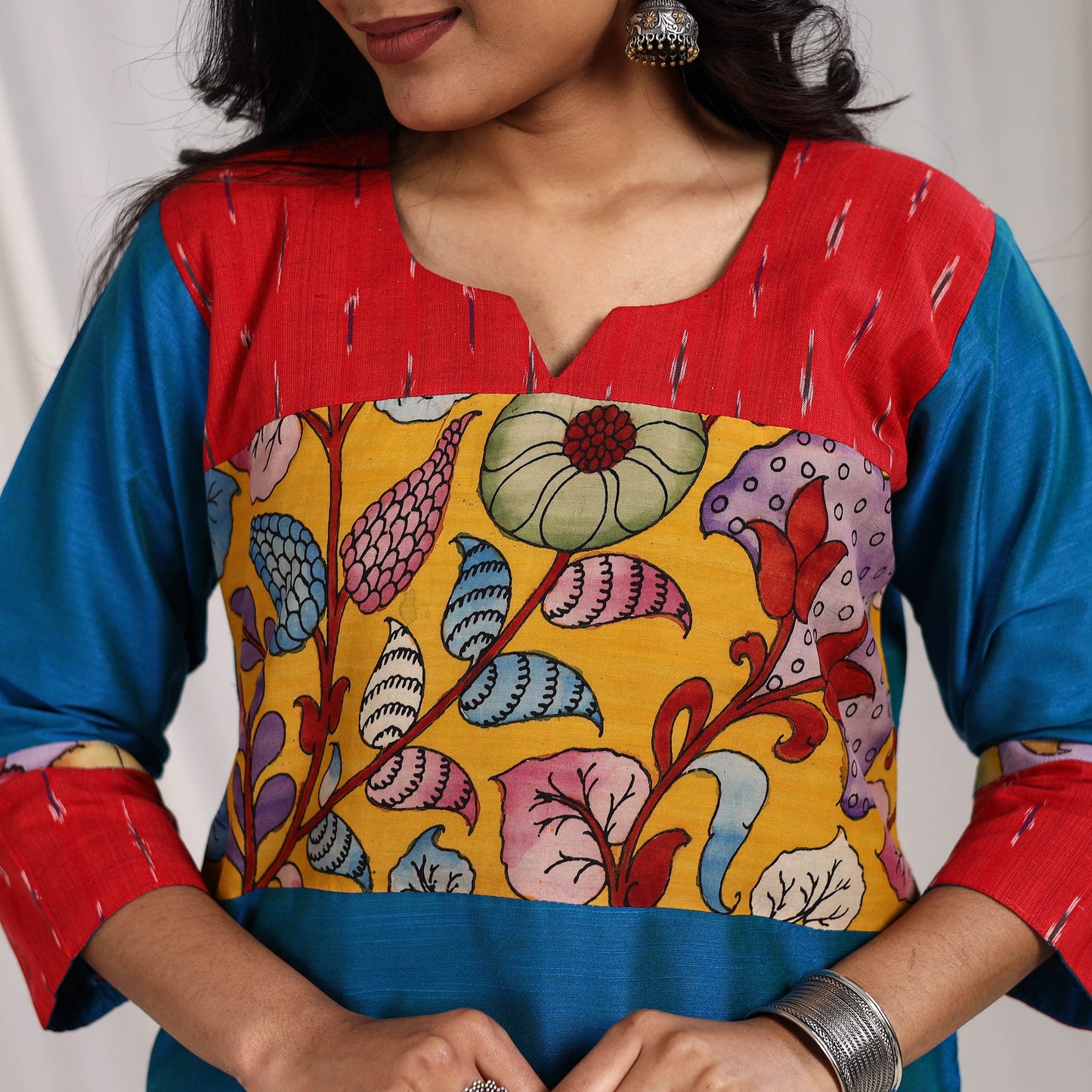 Blue Aaliya Slub Silk Straight Plain Kurta with Patchwork for Women