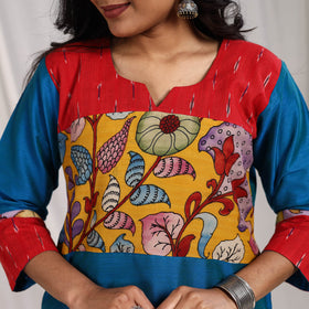 Blue Aaliya Slub Silk Straight Plain Kurta with Patchwork for Women