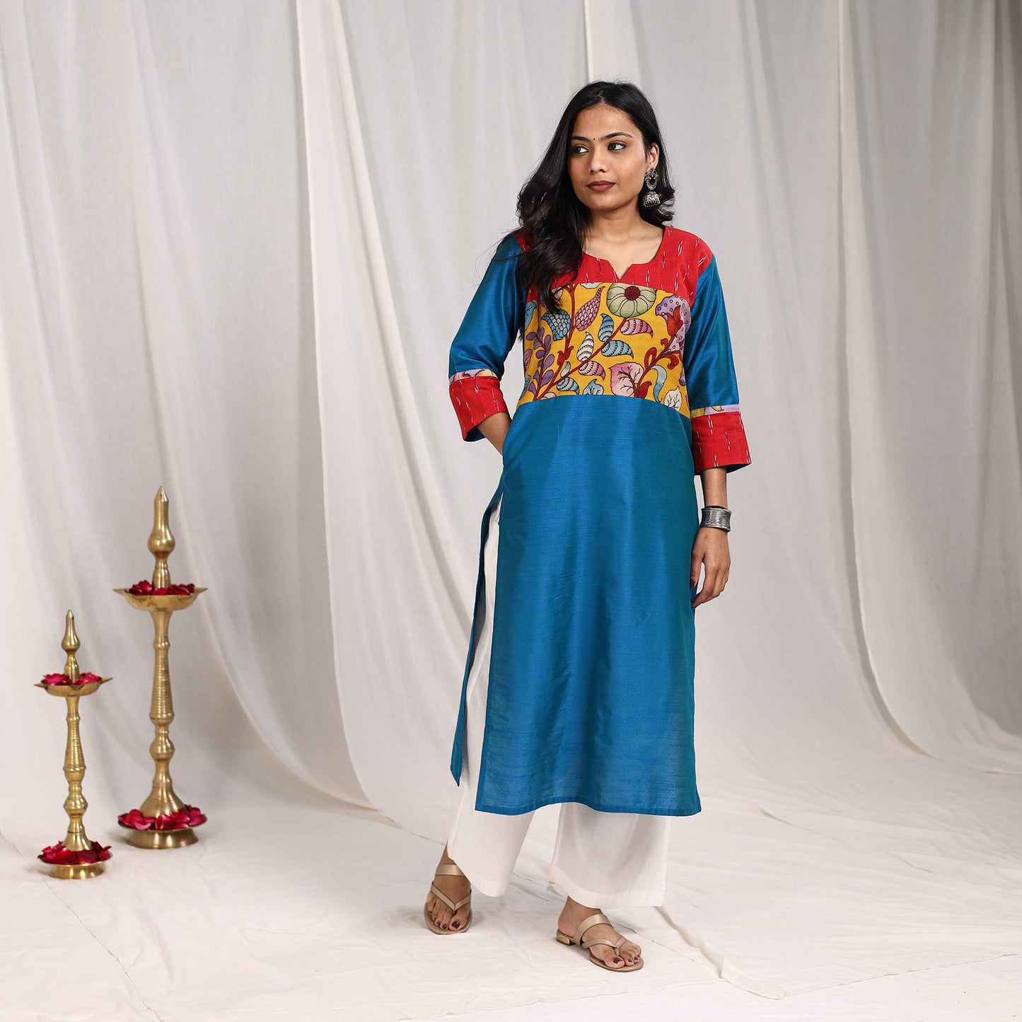 Blue Aaliya Slub Silk Straight Plain Kurta with Patchwork for Women