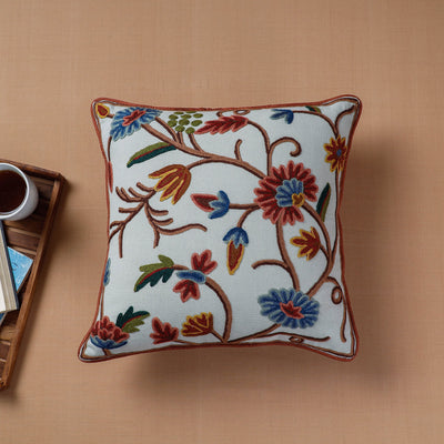 Blue Aari Hand Embroidery Cotton Duck Cushion Cover