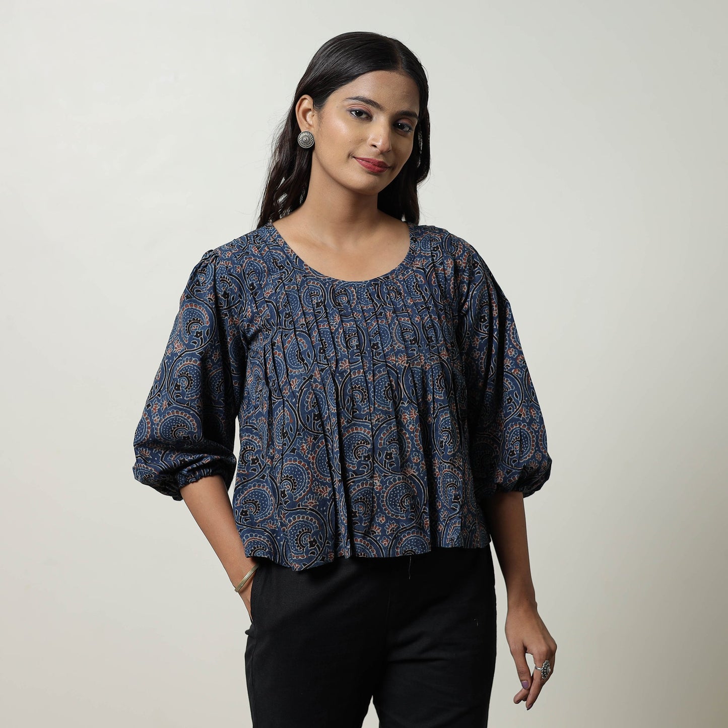 Blue - Ajrakh Block Printed Cotton Crop Top 07