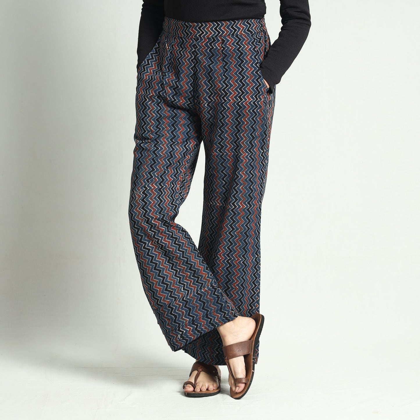 Blue - Ajrakh Block Printed Cotton Elasticated Palazzo
